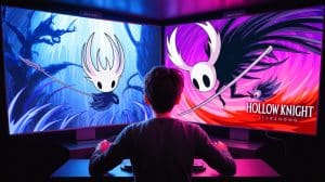 Illustration of a gamer simultaneously defeating bosses in "Hollow Knight: Silksong" and "Hollow Knight".